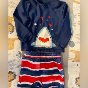 Carter’s Boys Shark Swim Trunks and UV Protection Shirt Red White Blue 9 months